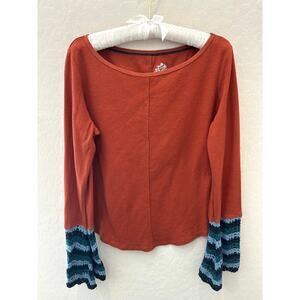 ANTHROPOLOGIE Orange Waffle Knit Long Sleeve Top Flare Crochet Cuff Boho Medium